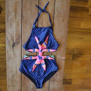 Mara Hoffman Blue Multi Chevron Cutout One-Piece Swimsuit